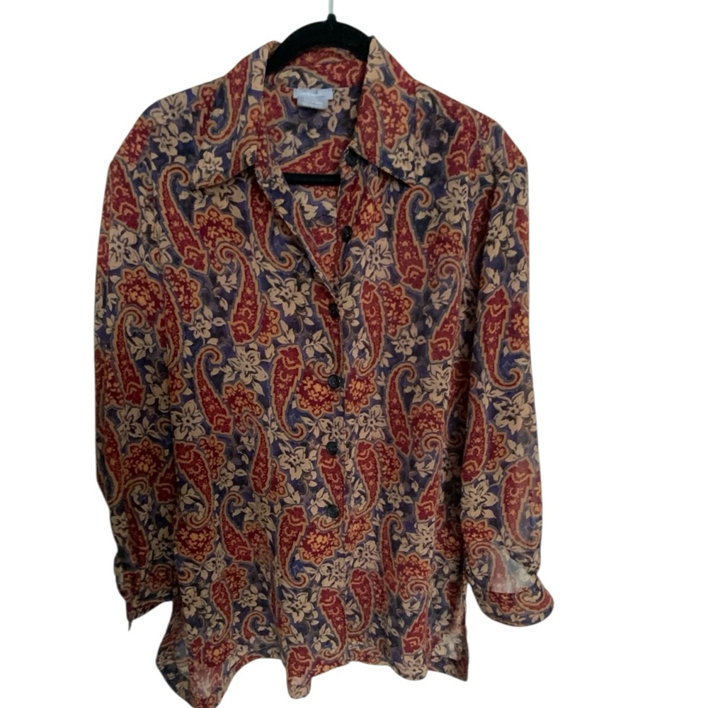Pierre Cardin Top Paisley Print Shirt Women Collared Long Sleeve L/XL